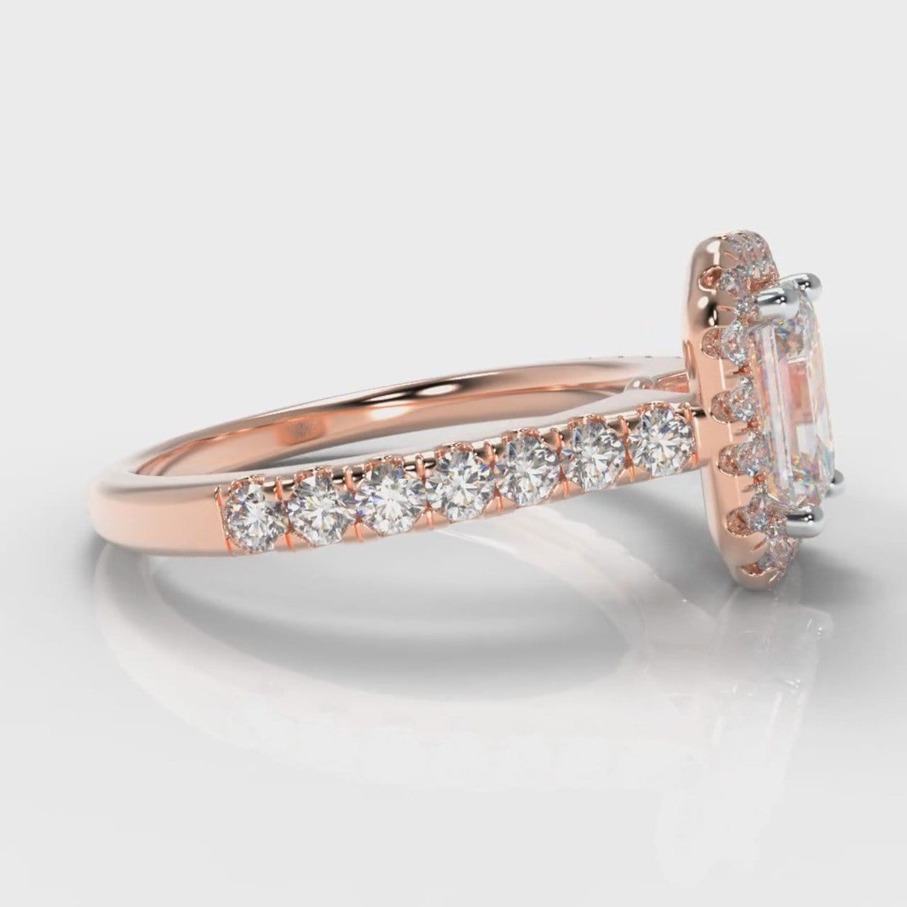 Micropavé Emerald Cut Diamond Halo Engagement Ring - Rose Gold