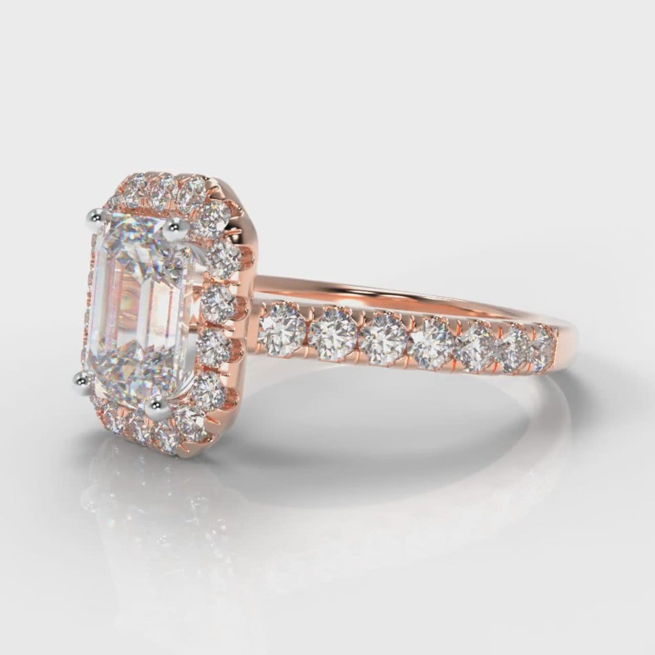 Micropavé Emerald Cut Diamond Halo Engagement Ring - Rose Gold