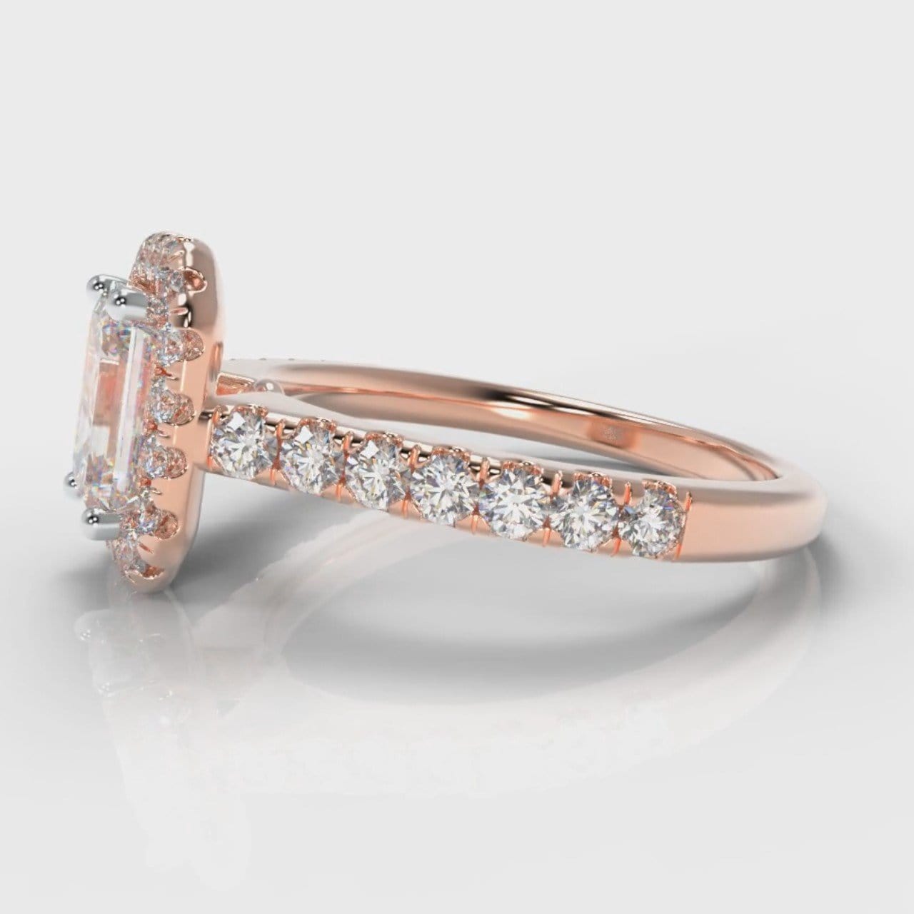 Micropavé Emerald Cut Diamond Halo Engagement Ring - Rose Gold