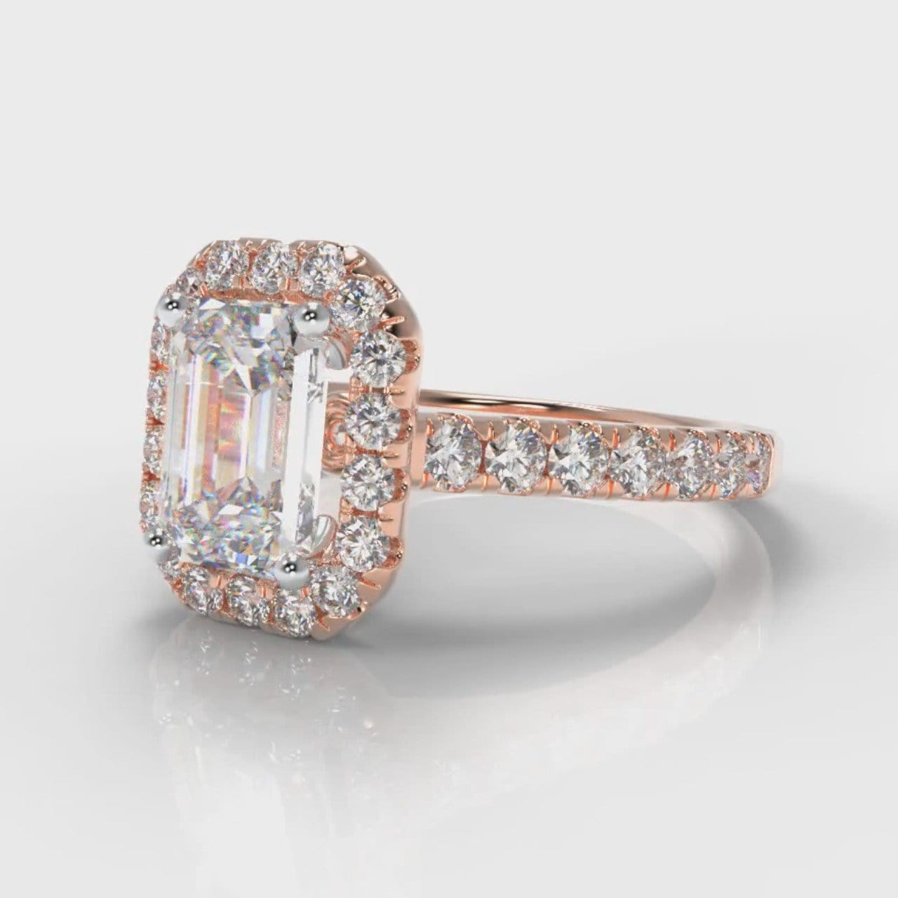 Micropavé Emerald Cut Diamond Halo Engagement Ring - Rose Gold