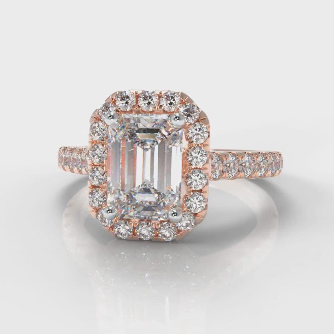 Micropavé Emerald Cut Diamond Halo Engagement Ring - Rose Gold