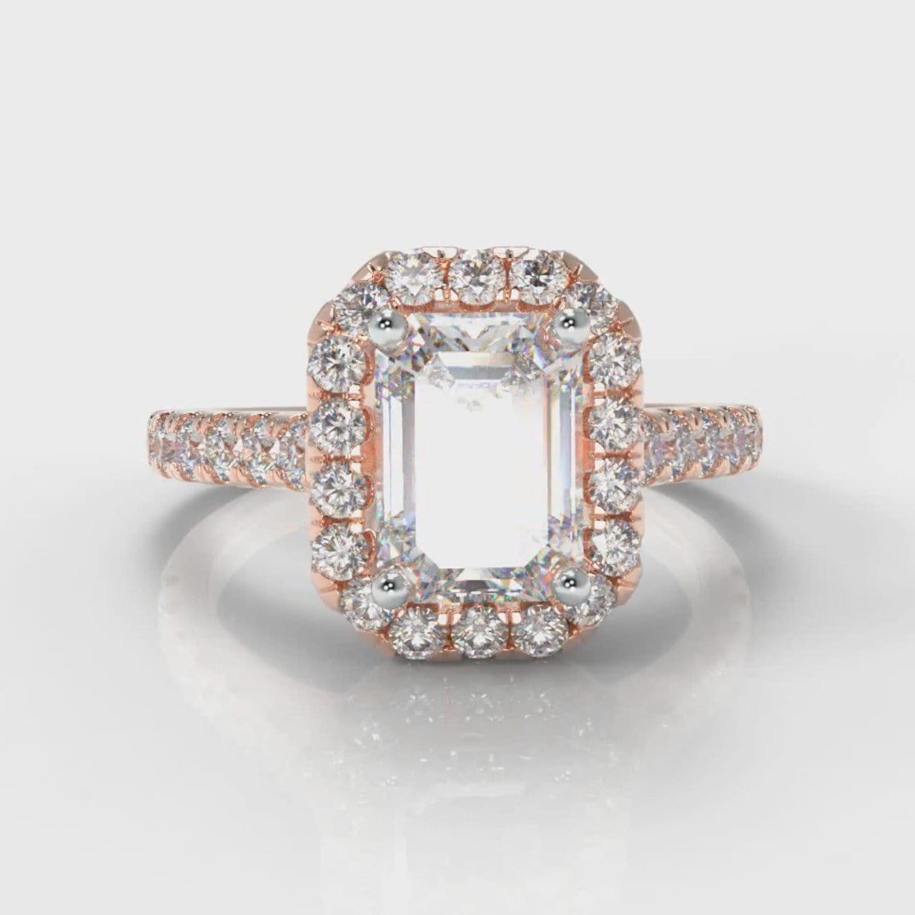 Micropavé Emerald Cut Diamond Halo Engagement Ring - Rose Gold