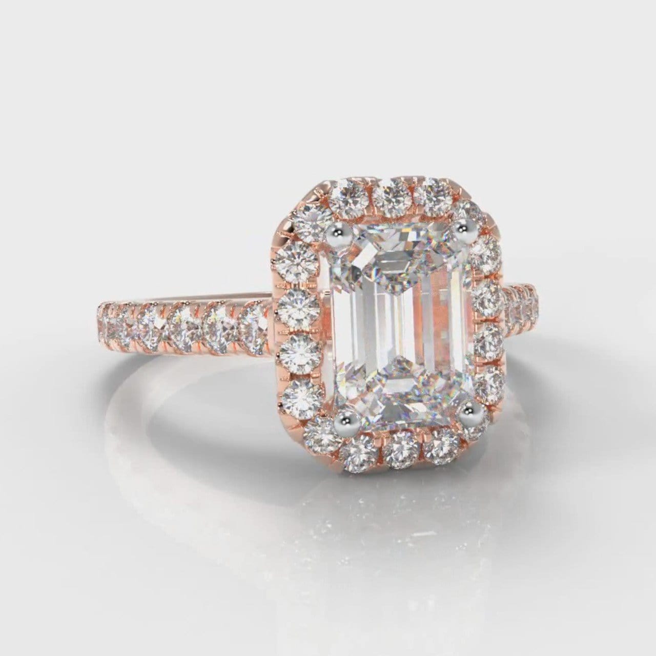 Micropavé Emerald Cut Diamond Halo Engagement Ring - Rose Gold