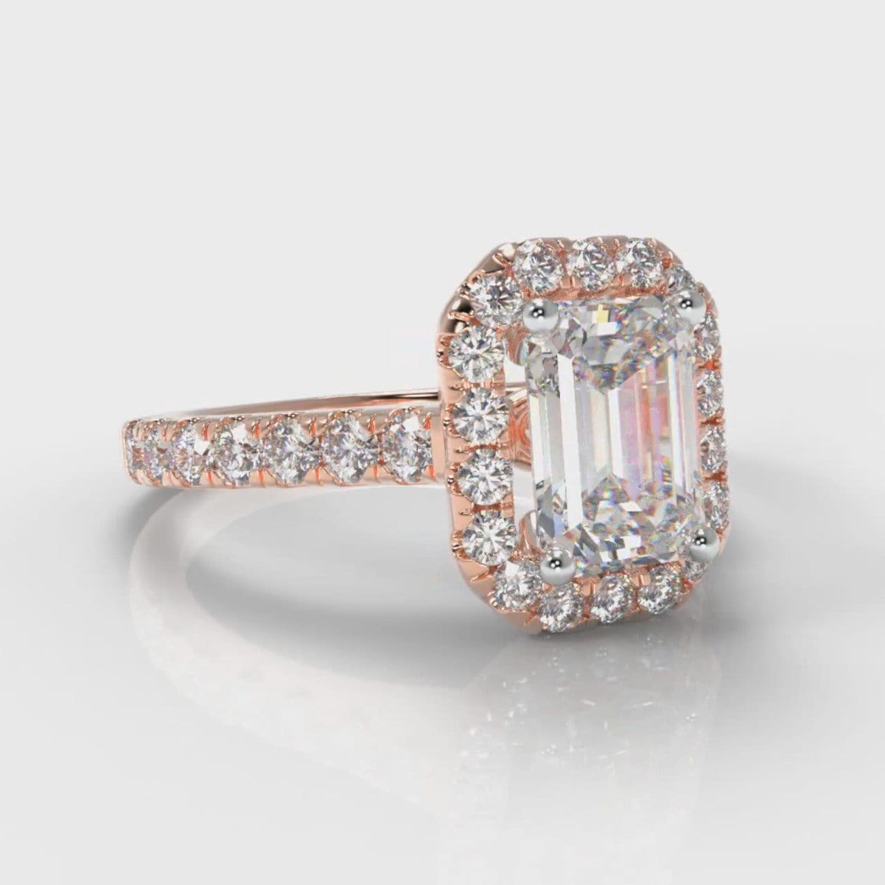 Micropavé Emerald Cut Diamond Halo Engagement Ring - Rose Gold