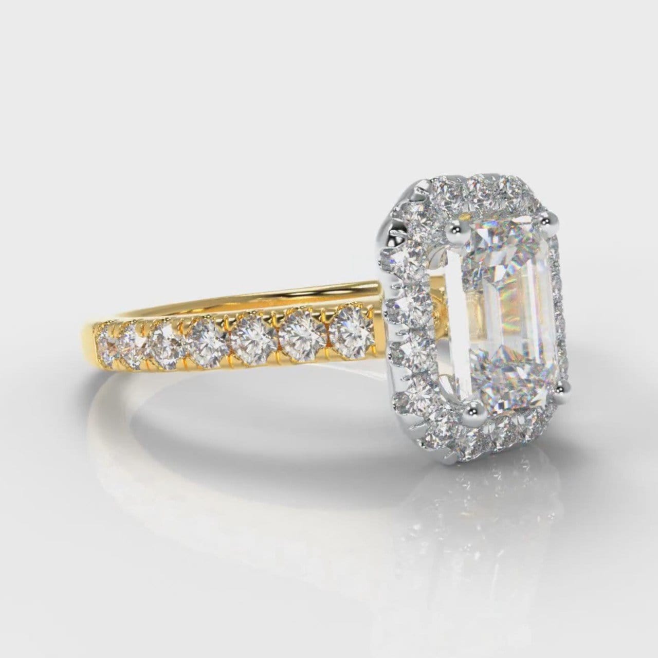 Micropavé Emerald Cut Diamond Halo Engagement Ring - Two Tone Yellow Gold