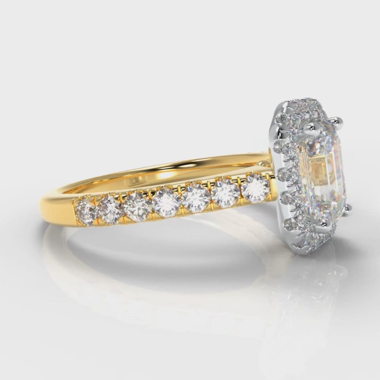Micropavé Emerald Cut Diamond Halo Engagement Ring - Two Tone Yellow Gold