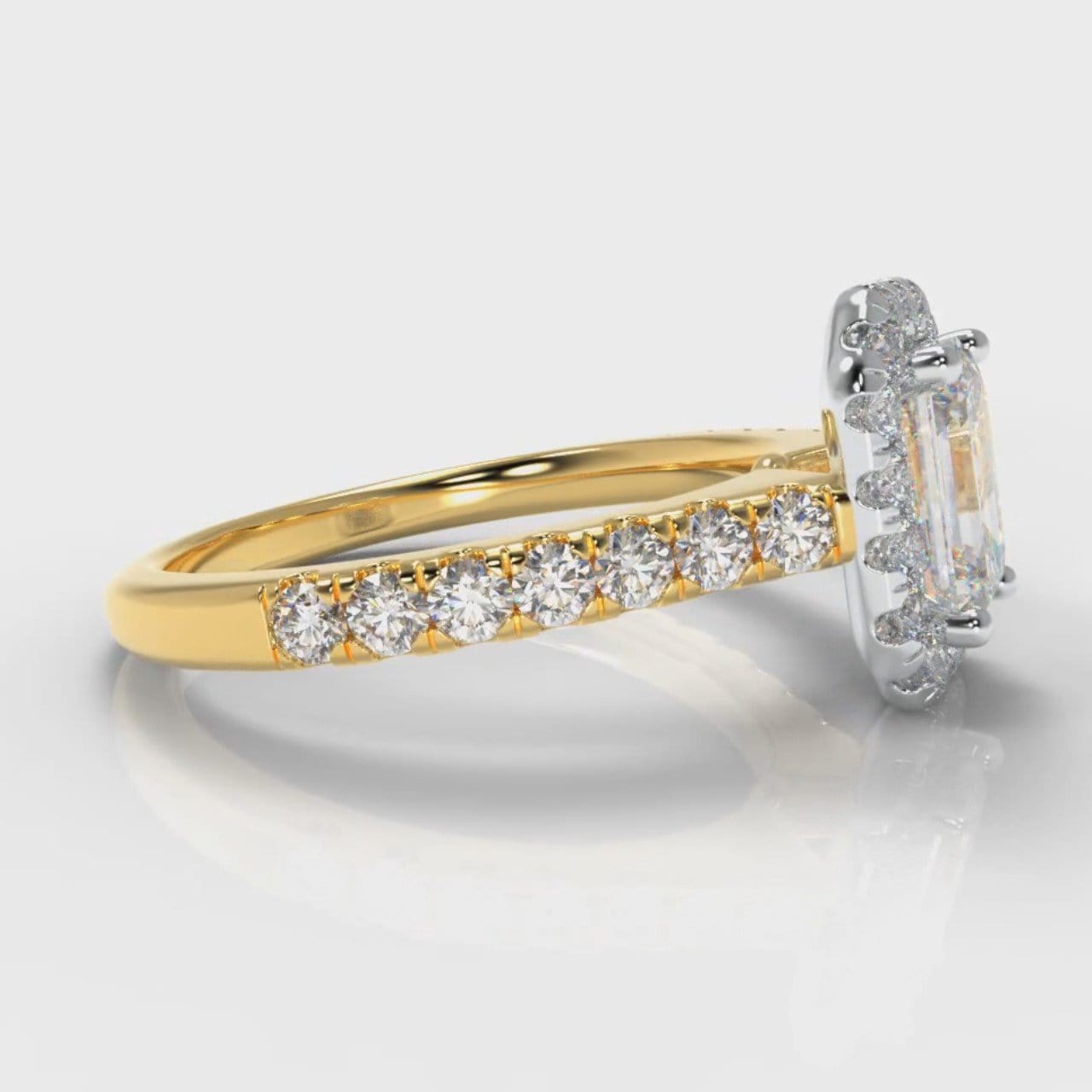 Micropavé Emerald Cut Diamond Halo Engagement Ring - Two Tone Yellow Gold