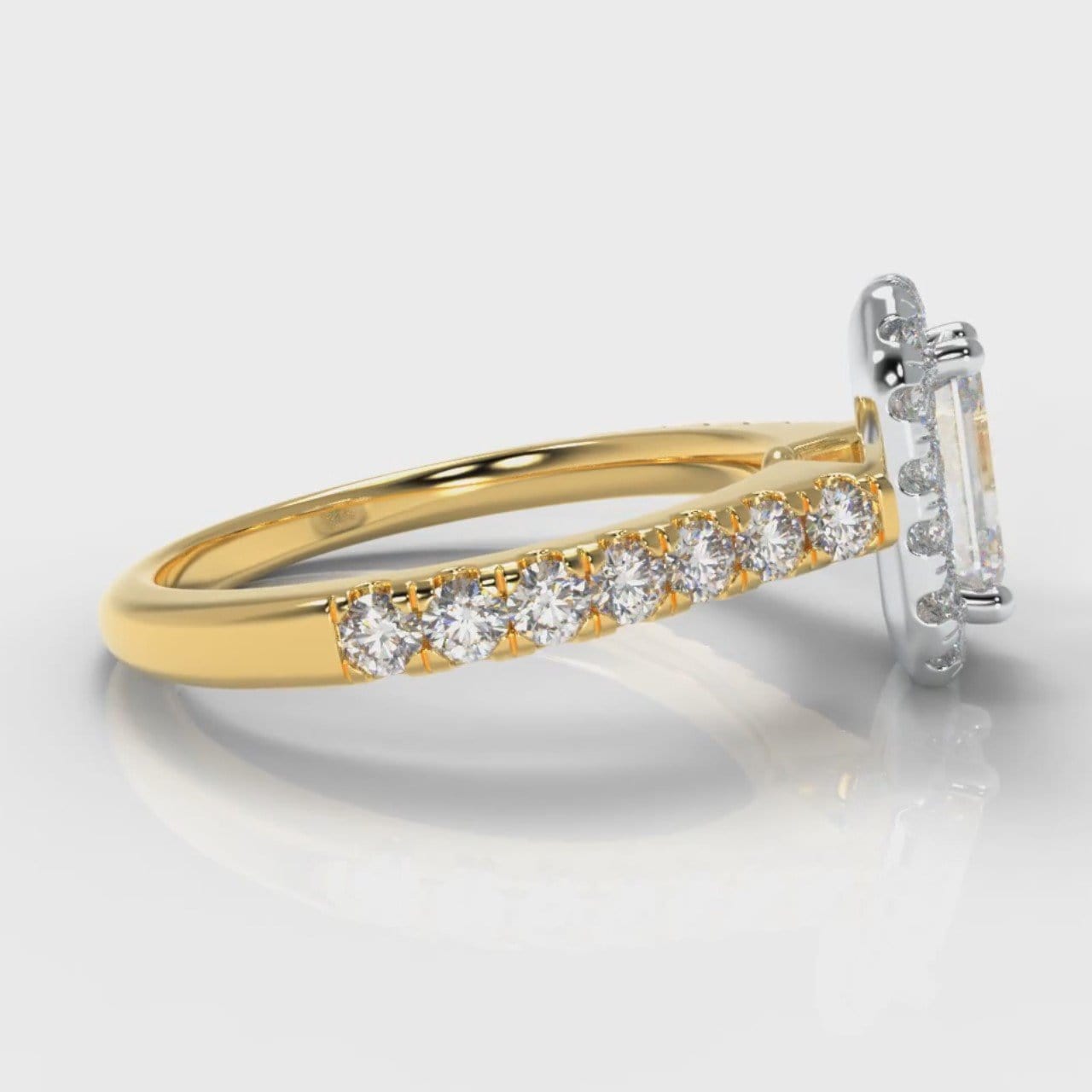 Micropavé Emerald Cut Diamond Halo Engagement Ring - Two Tone Yellow Gold