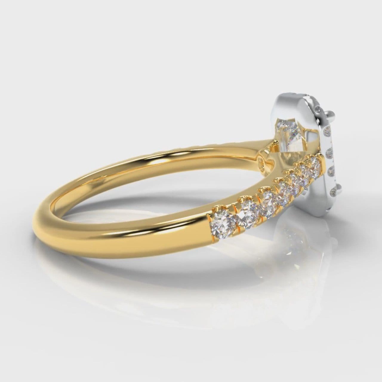 Micropavé Emerald Cut Diamond Halo Engagement Ring - Two Tone Yellow Gold
