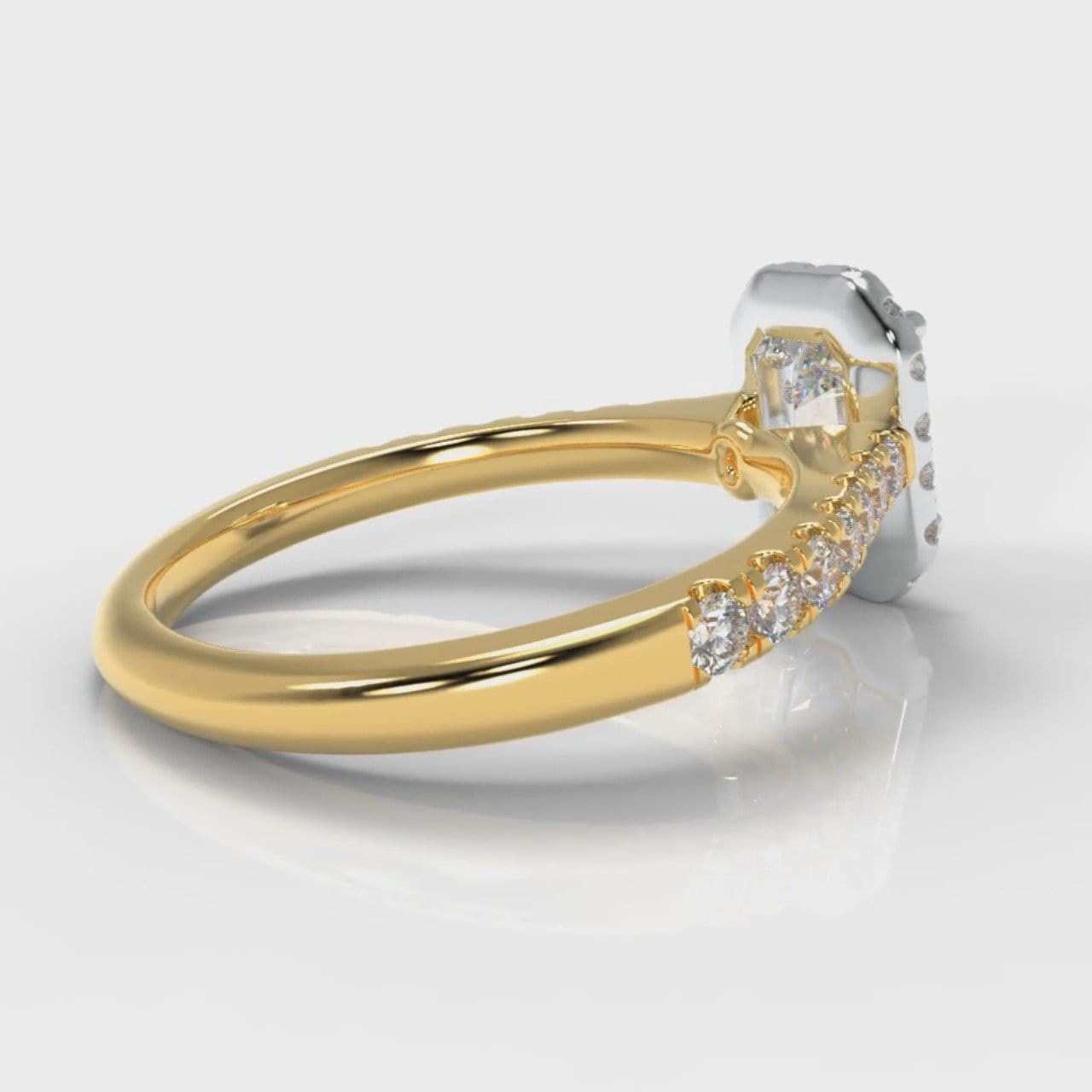 Micropavé Emerald Cut Diamond Halo Engagement Ring - Two Tone Yellow Gold