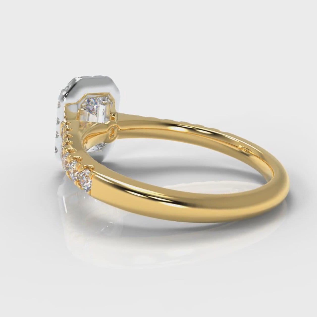 Micropavé Emerald Cut Diamond Halo Engagement Ring - Two Tone Yellow Gold