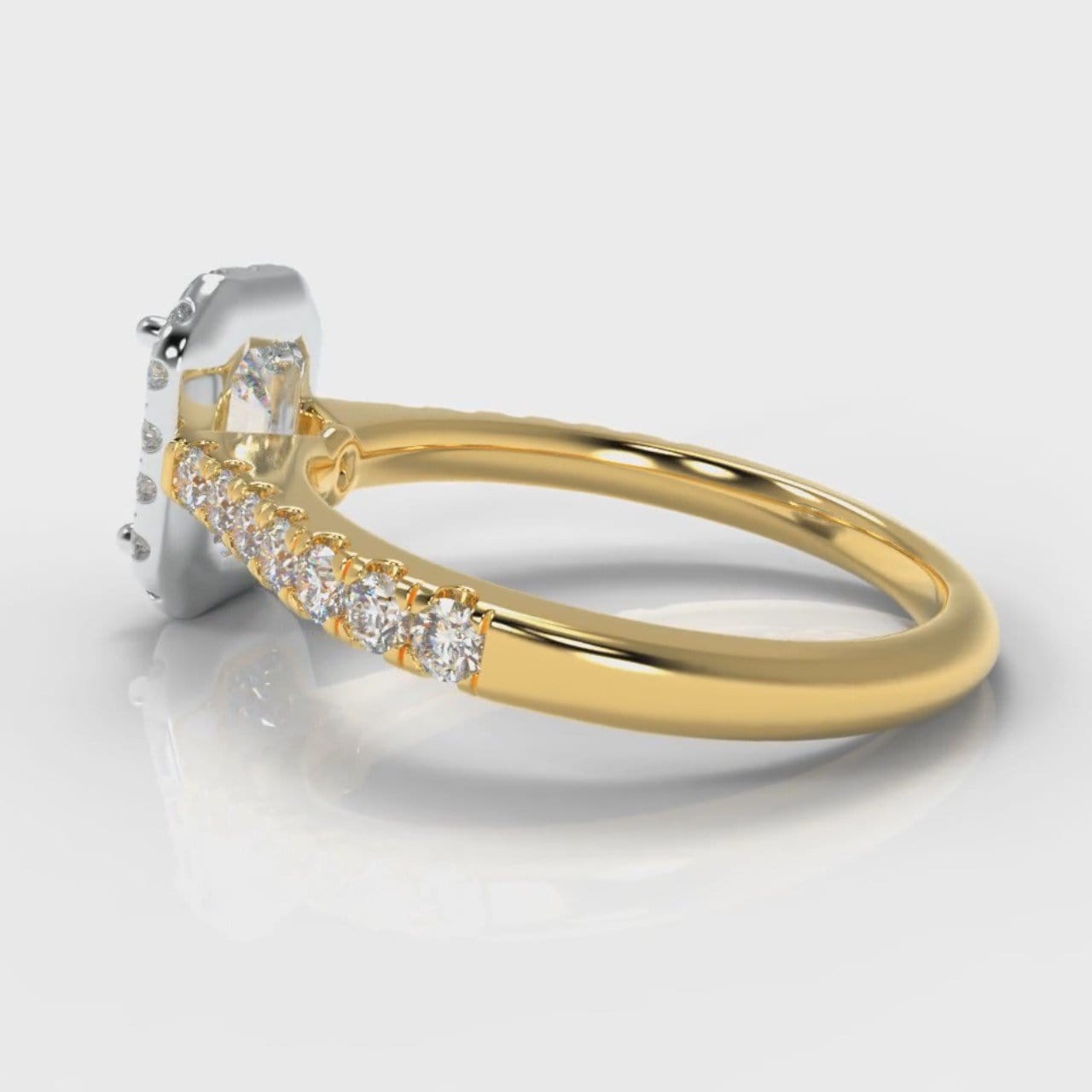 Micropavé Emerald Cut Diamond Halo Engagement Ring - Two Tone Yellow Gold