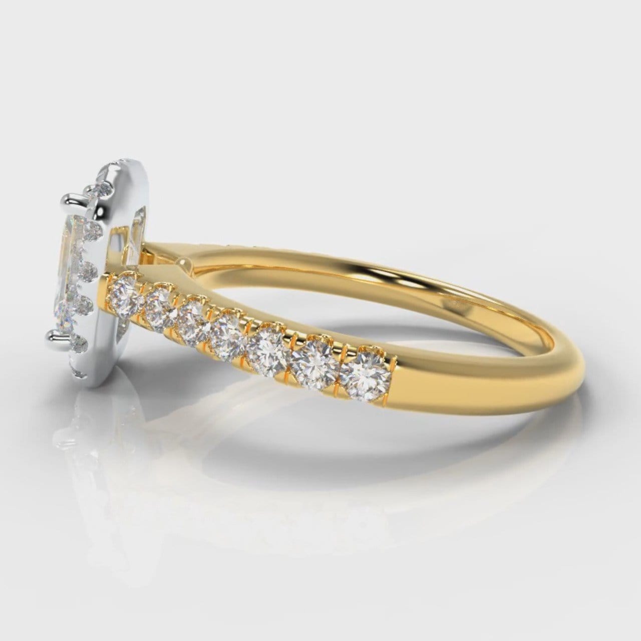 Micropavé Emerald Cut Diamond Halo Engagement Ring - Two Tone Yellow Gold