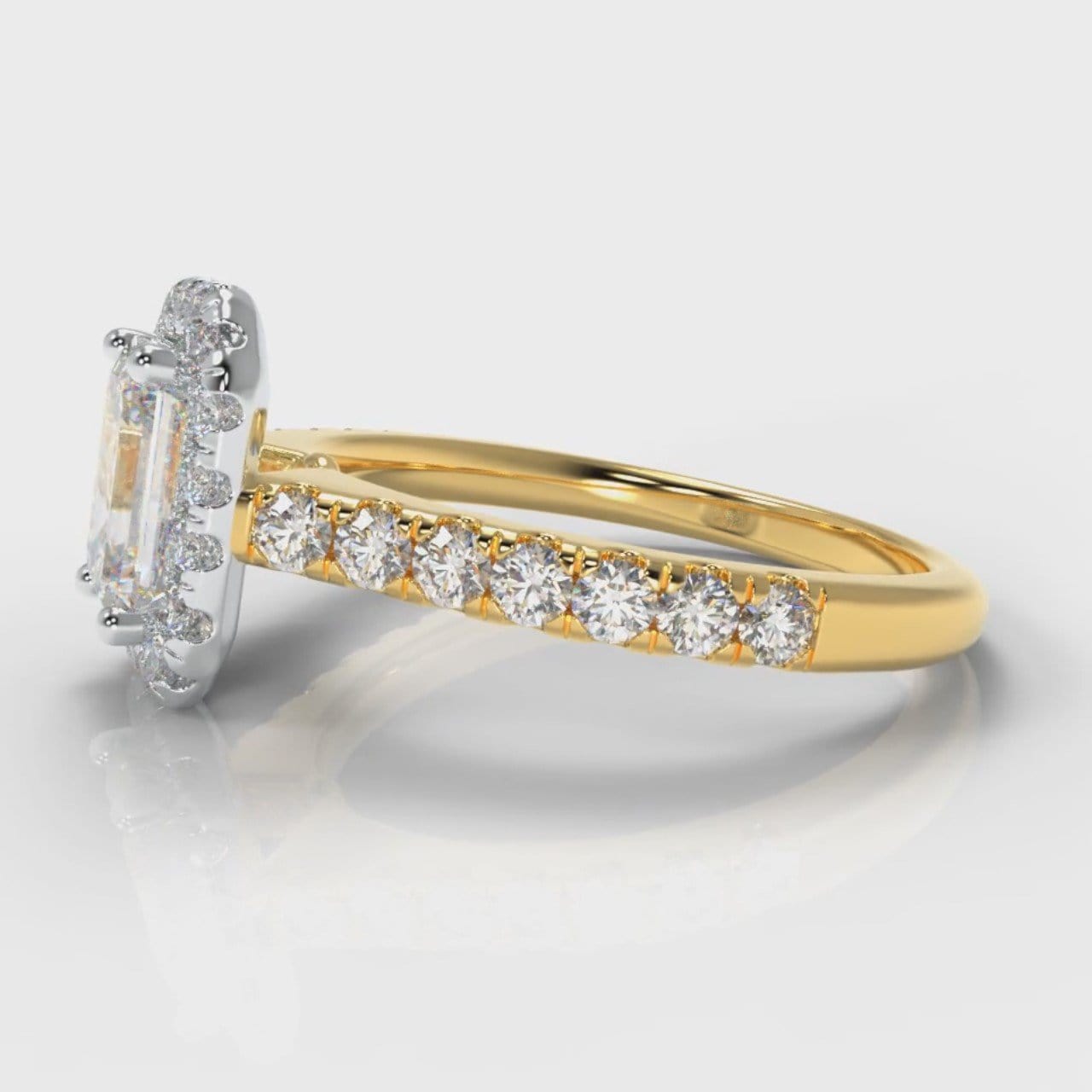 Micropavé Emerald Cut Diamond Halo Engagement Ring - Two Tone Yellow Gold