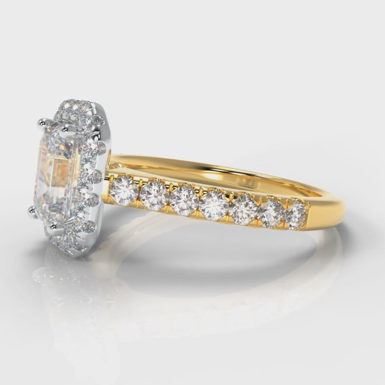 Micropavé Emerald Cut Diamond Halo Engagement Ring - Two Tone Yellow Gold