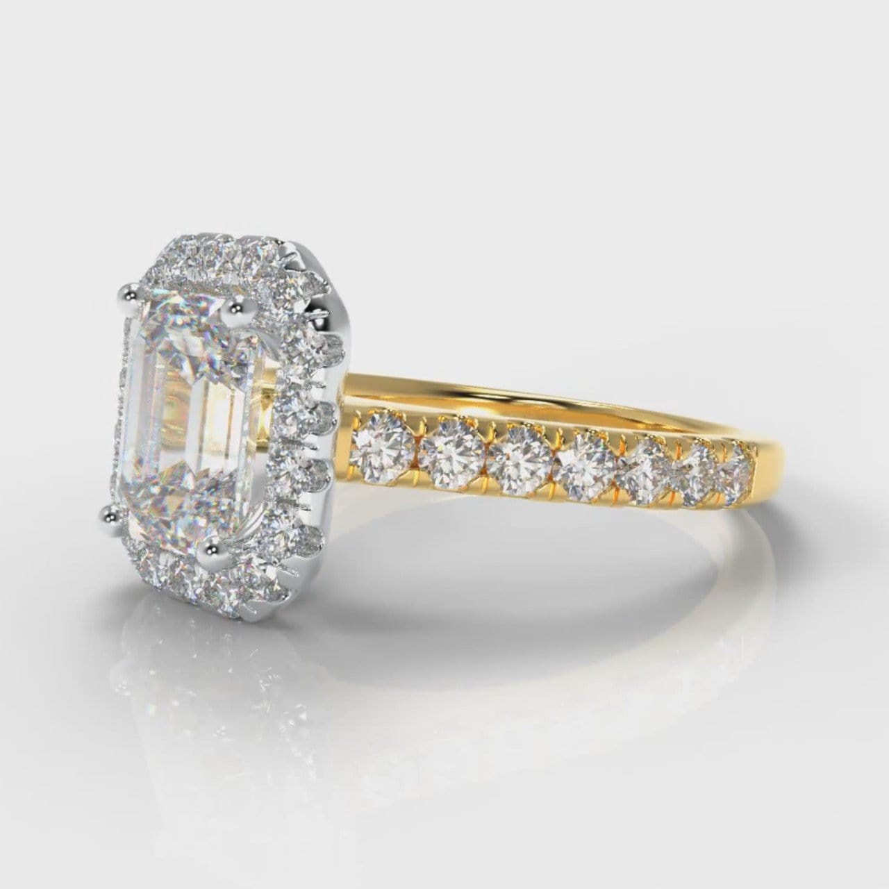 Micropavé Emerald Cut Diamond Halo Engagement Ring - Two Tone Yellow Gold