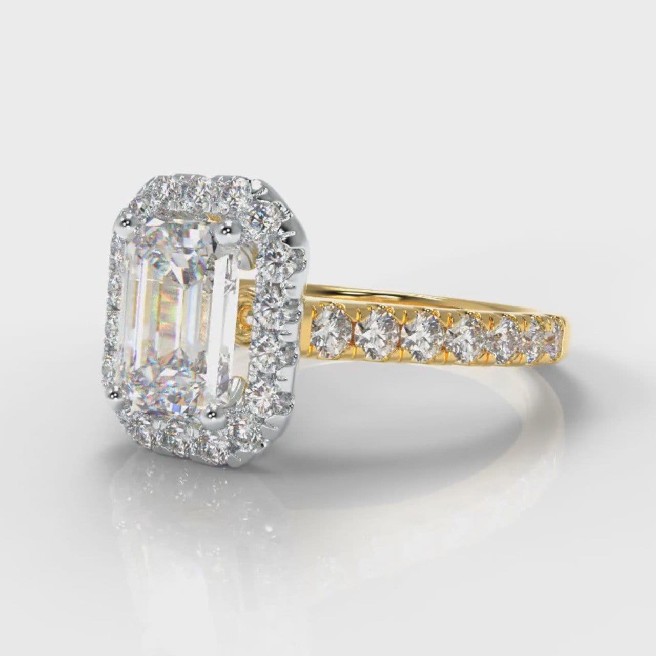 Micropavé Emerald Cut Diamond Halo Engagement Ring - Two Tone Yellow Gold