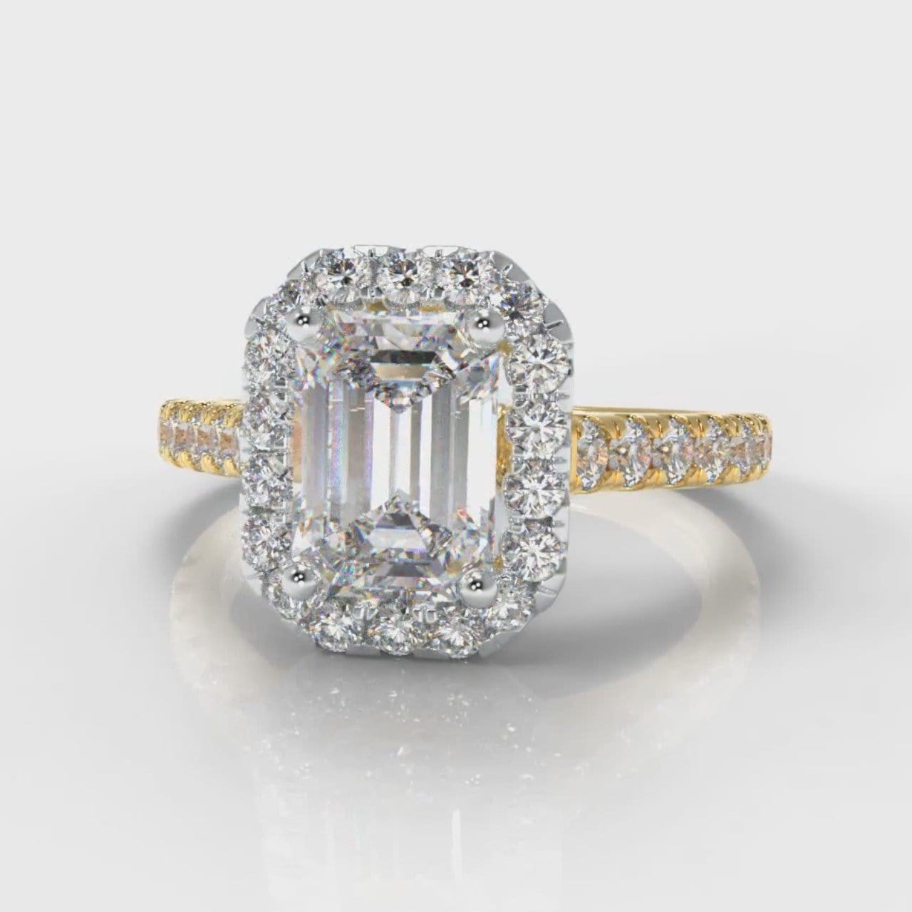 Micropavé Emerald Cut Diamond Halo Engagement Ring - Two Tone Yellow Gold