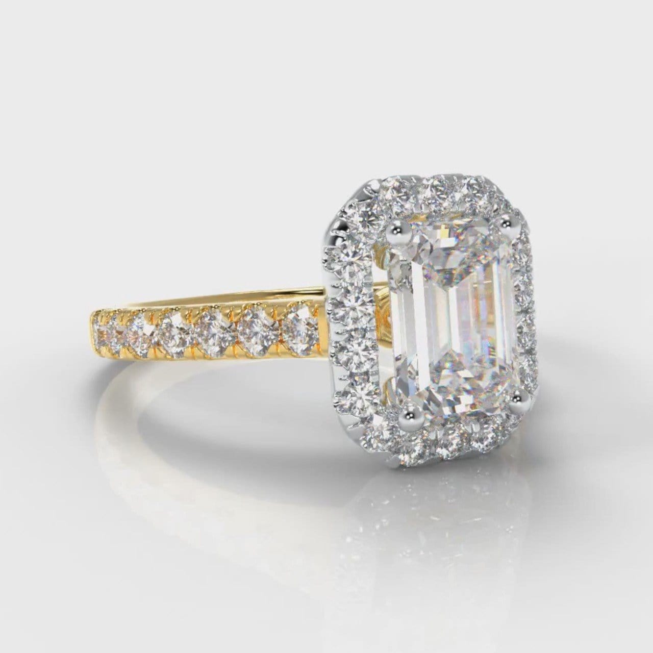 Micropavé Emerald Cut Diamond Halo Engagement Ring - Two Tone Yellow Gold