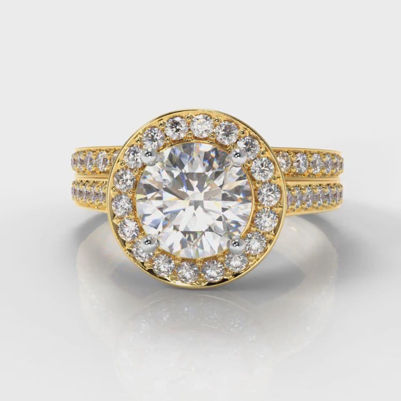 Pavé Round Brilliant Diamond Halo Bridal Set - Yellow Gold