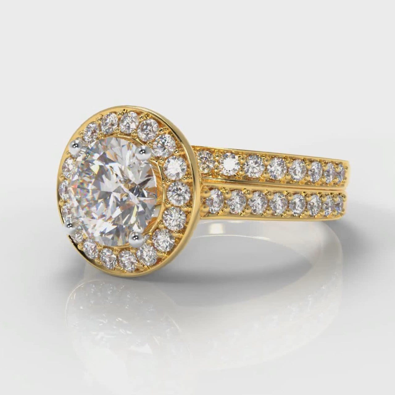 Pavé Round Brilliant Diamond Halo Bridal Set - Yellow Gold