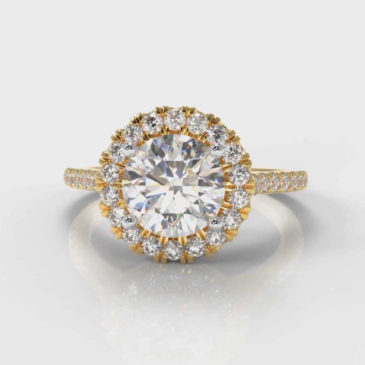 Petite Micropavé Round Brilliant Cut Diamond Halo Engagement Ring - Yellow Gold