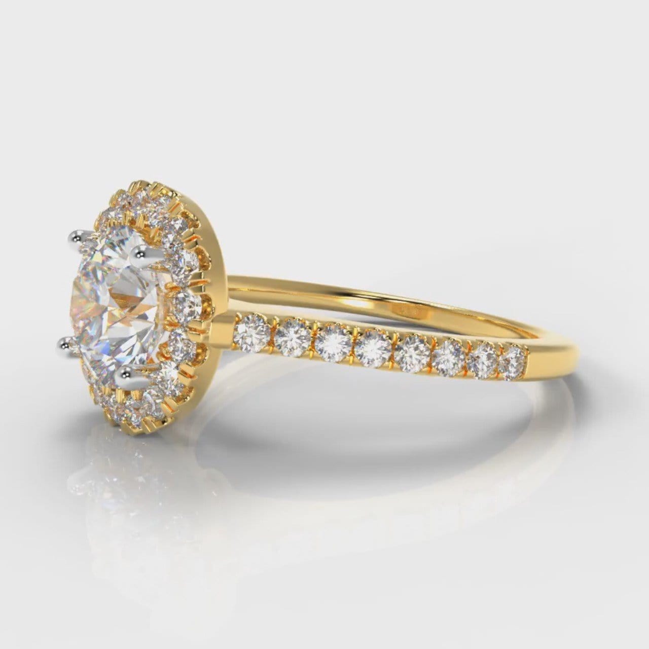 Petite Micropavé Round Brilliant Cut Diamond Halo Engagement Ring - Yellow Gold
