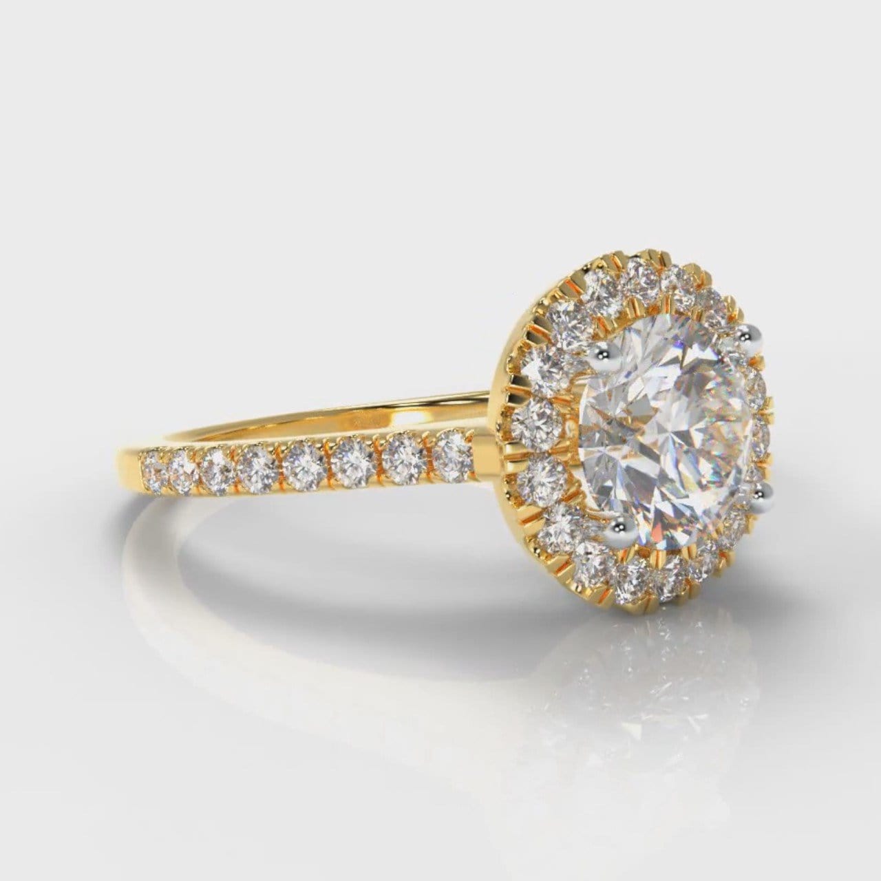 Petite Micropavé Round Brilliant Cut Diamond Halo Engagement Ring - Yellow Gold