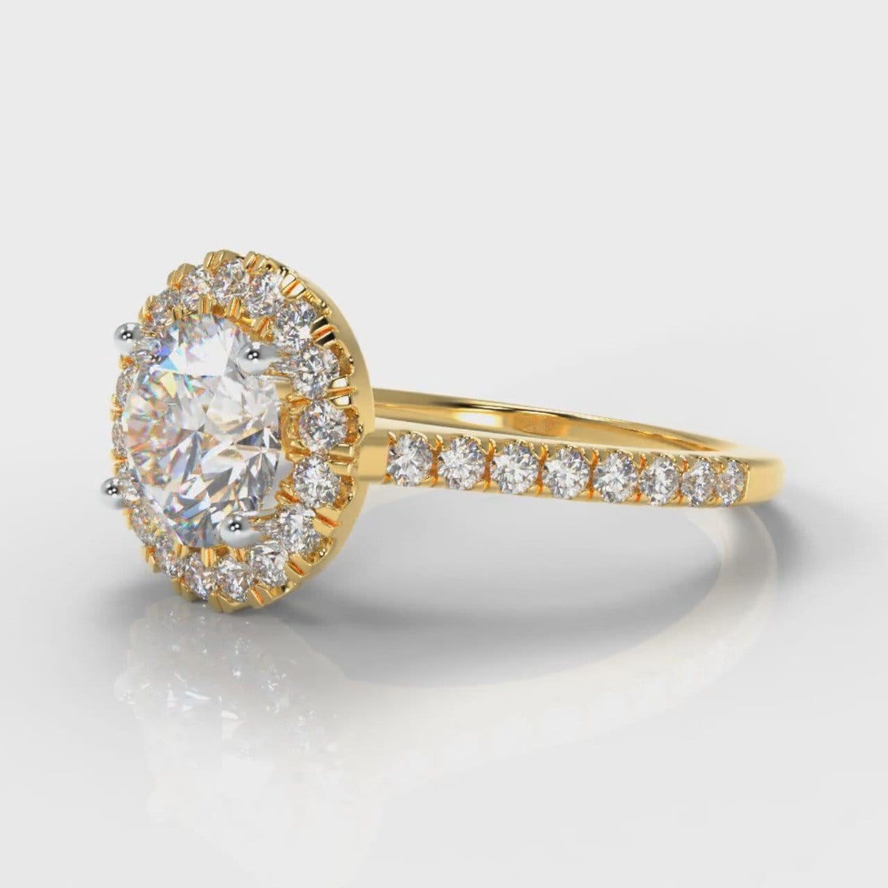 Petite Micropavé Round Brilliant Cut Diamond Halo Engagement Ring - Yellow Gold