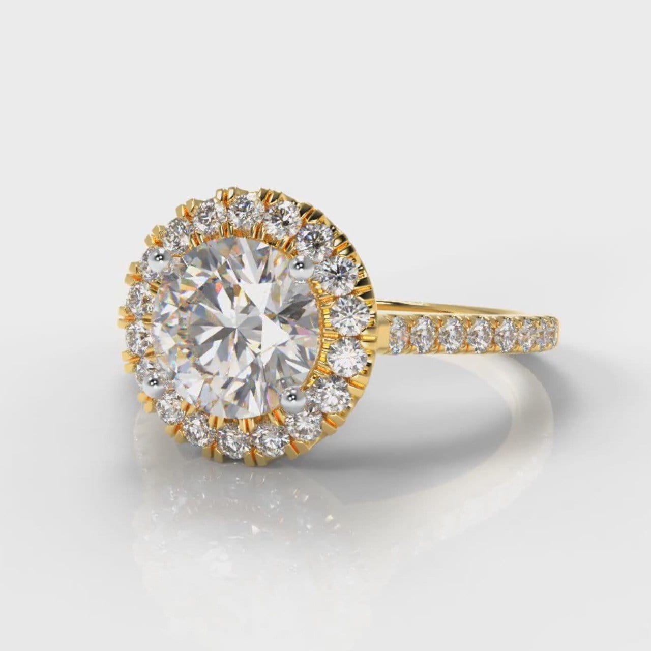 Petite Micropavé Round Brilliant Cut Diamond Halo Engagement Ring - Yellow Gold