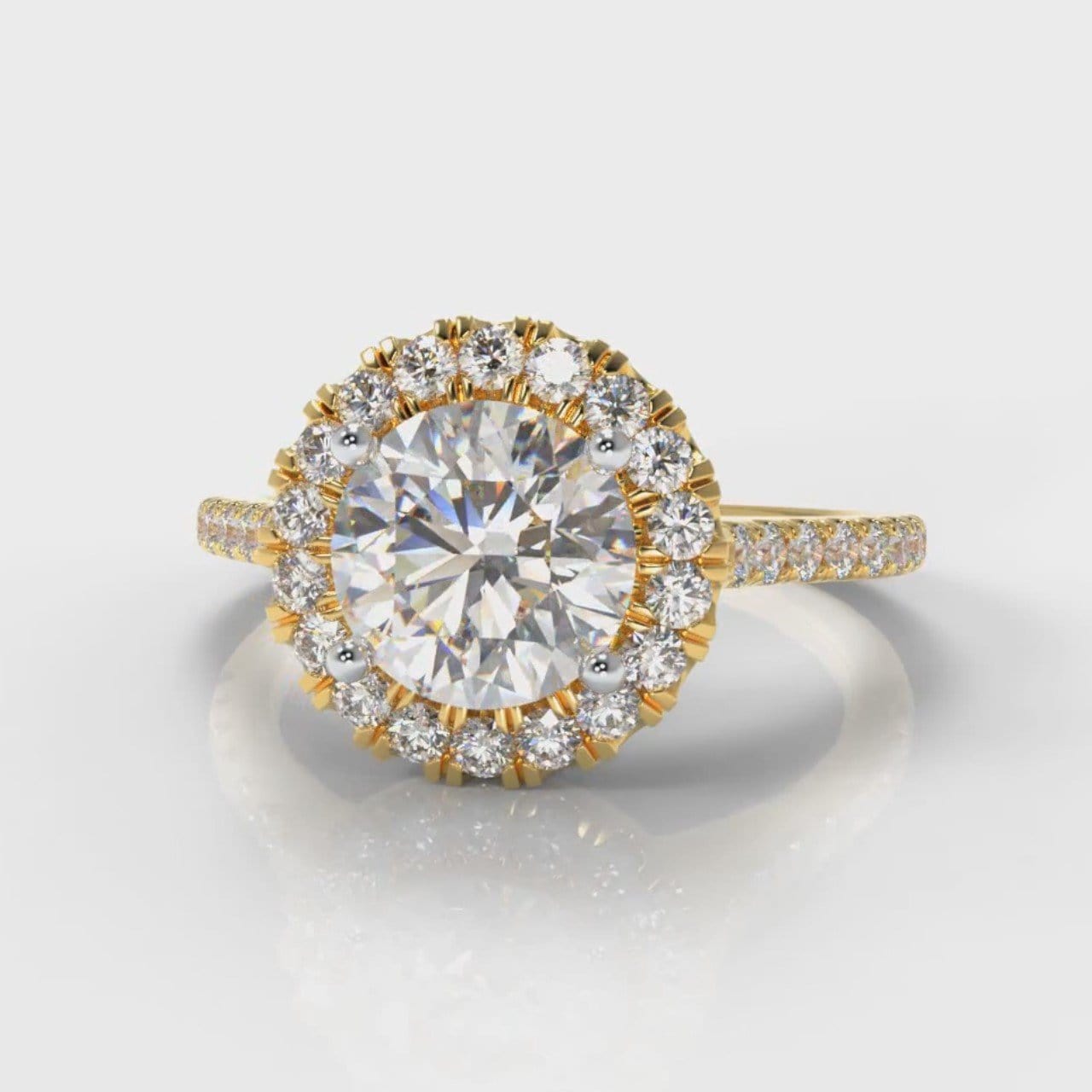 Petite Micropavé Round Brilliant Cut Diamond Halo Engagement Ring - Yellow Gold