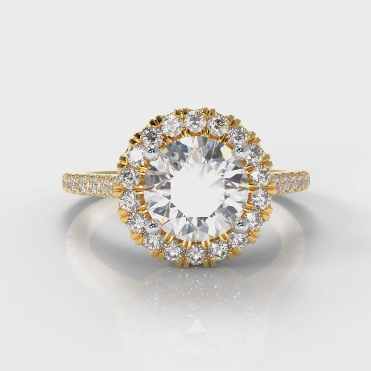 Petite Micropavé Round Brilliant Cut Diamond Halo Engagement Ring - Yellow Gold