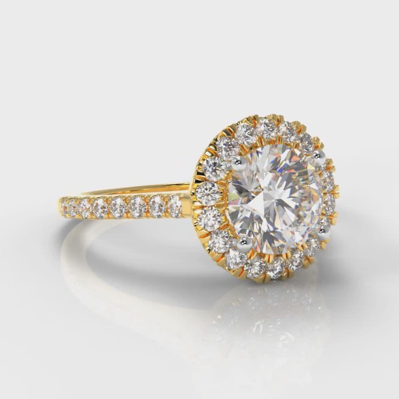 Petite Micropavé Round Brilliant Cut Diamond Halo Engagement Ring - Yellow Gold