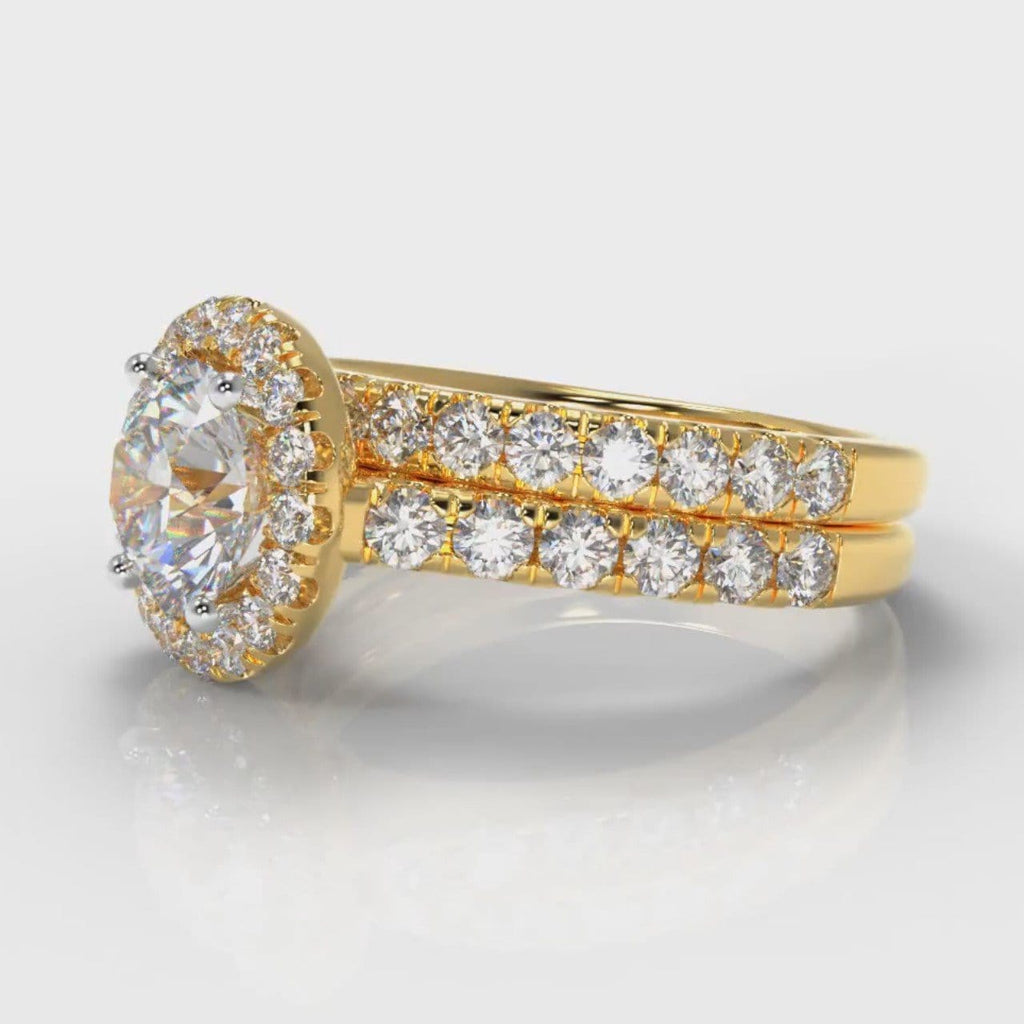 Micropavé Round Brilliant Cut Diamond Halo Bridal Set - Yellow Gold