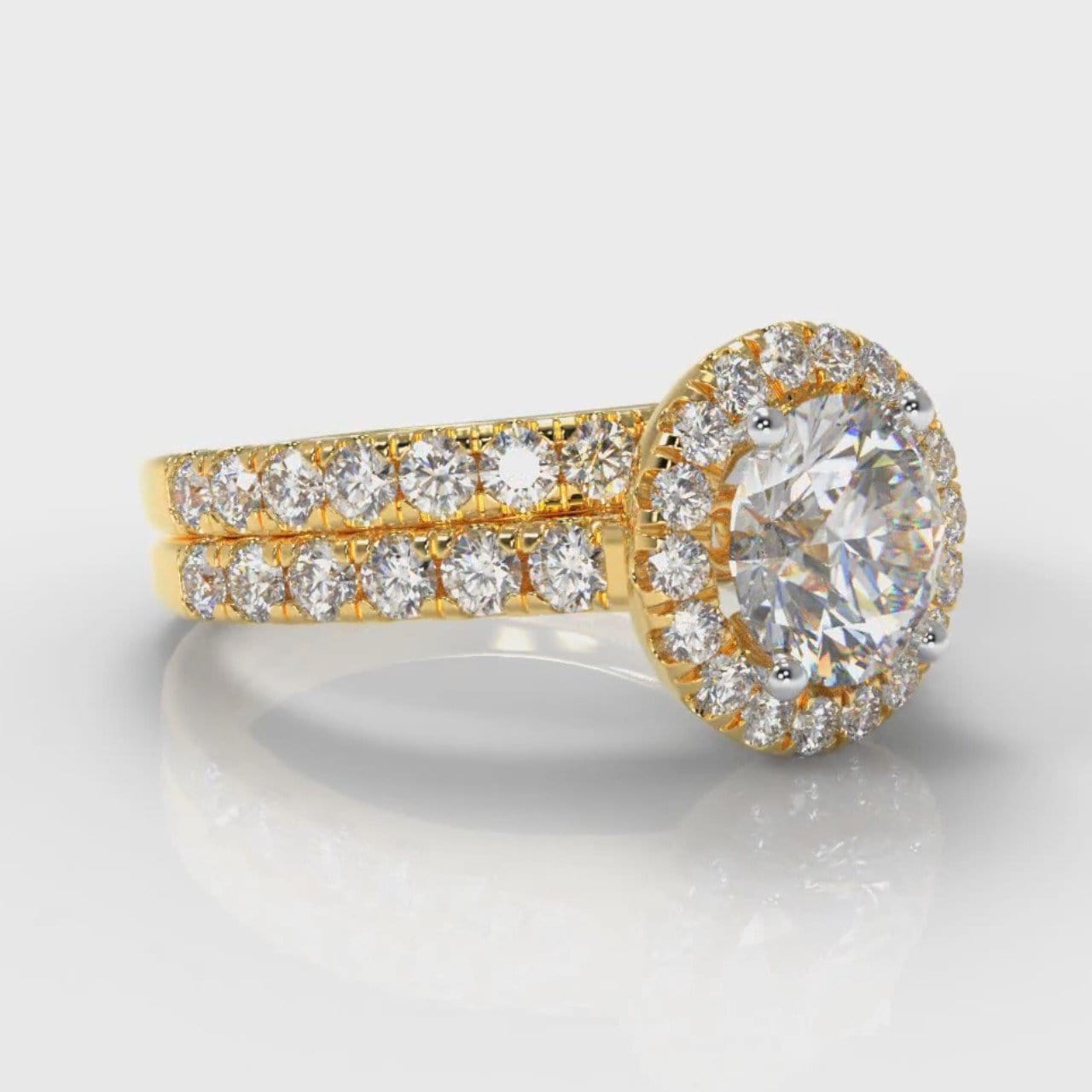 Micropavé Round Brilliant Cut Diamond Halo Bridal Set - Yellow Gold