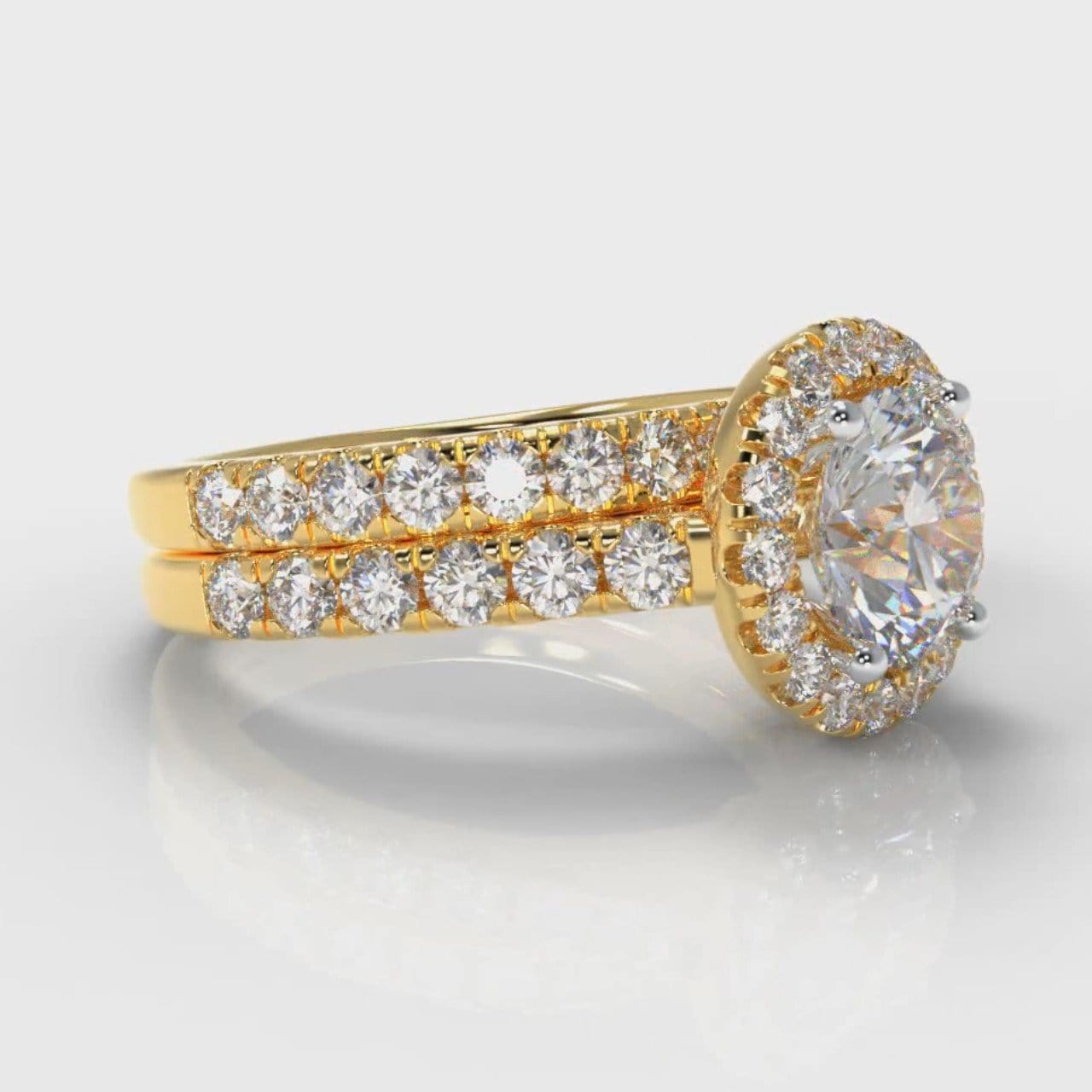Micropavé Round Brilliant Cut Diamond Halo Bridal Set - Yellow Gold