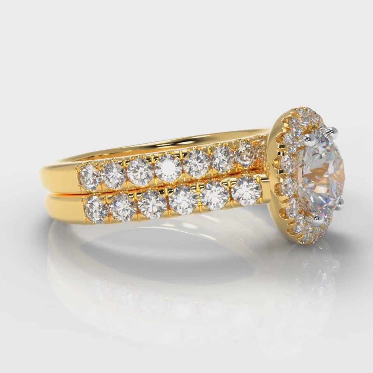 Micropavé Round Brilliant Cut Diamond Halo Bridal Set - Yellow Gold