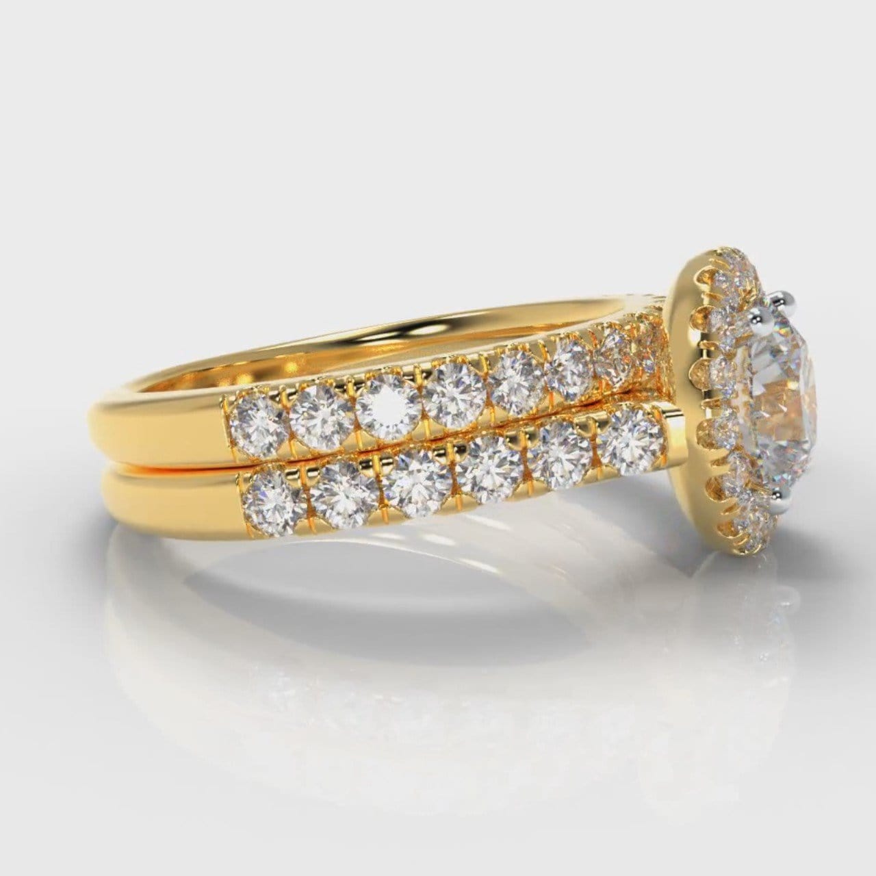 Micropavé Round Brilliant Cut Diamond Halo Bridal Set - Yellow Gold