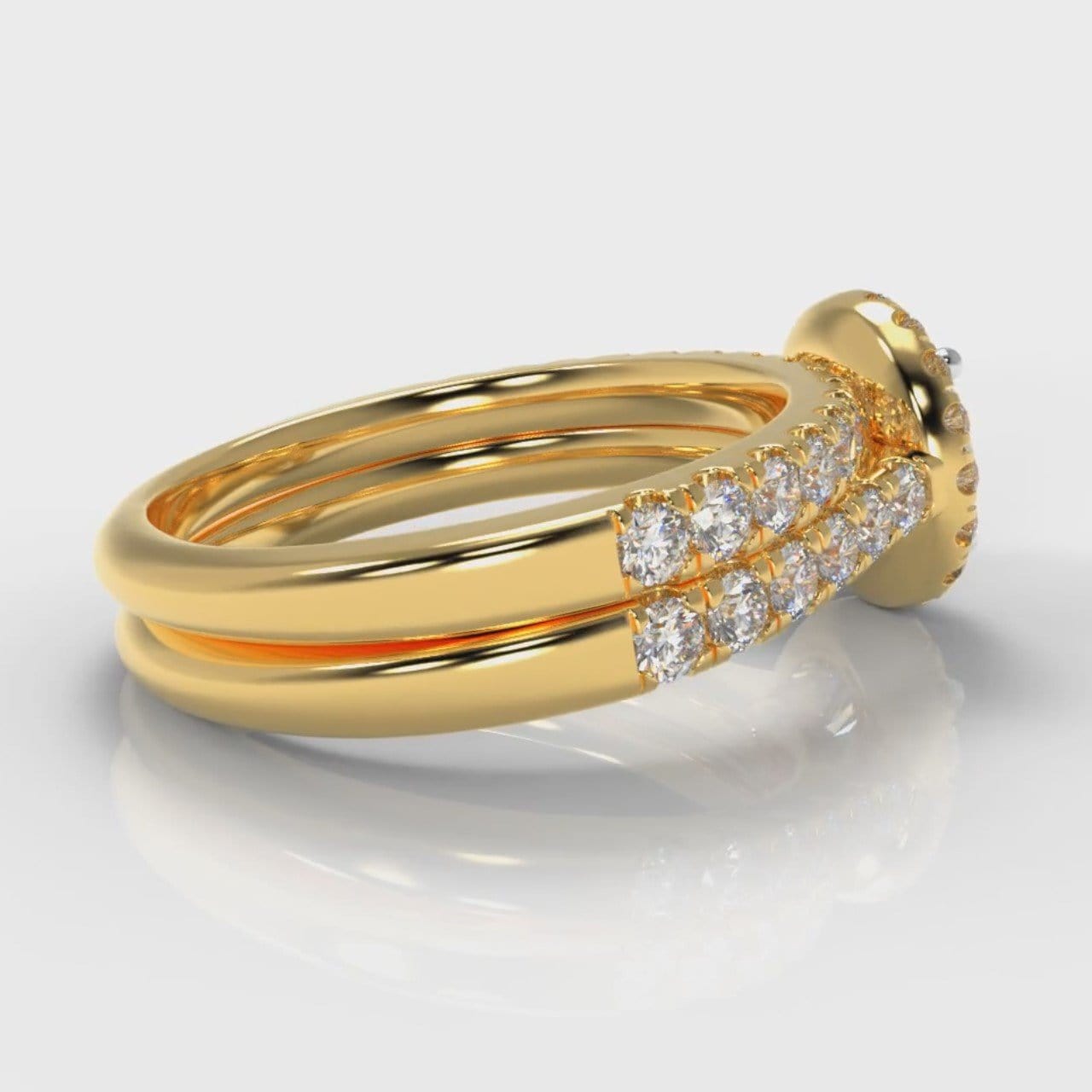 Micropavé Round Brilliant Cut Diamond Halo Bridal Set - Yellow Gold