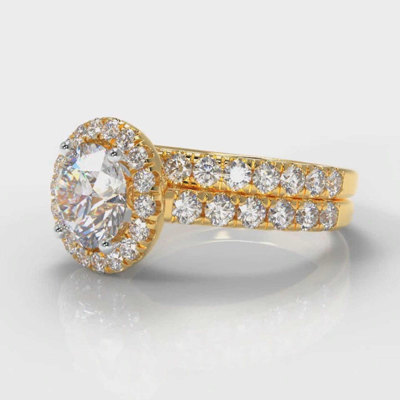 Micropavé Round Brilliant Cut Diamond Halo Bridal Set - Yellow Gold