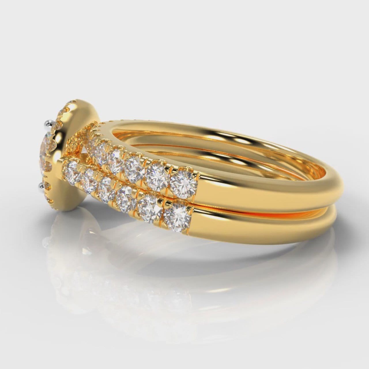 Micropavé Round Brilliant Cut Diamond Halo Bridal Set - Yellow Gold