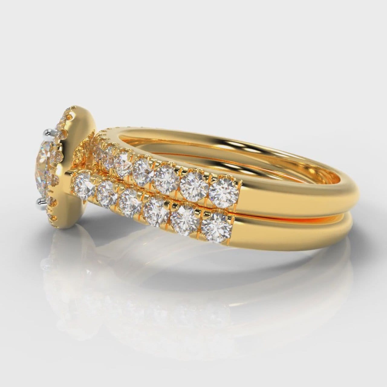 Micropavé Round Brilliant Cut Diamond Halo Bridal Set - Yellow Gold