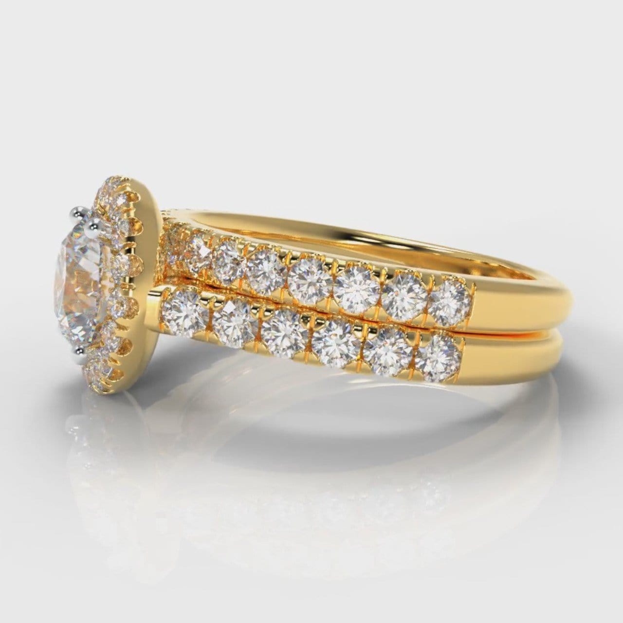 Micropavé Round Brilliant Cut Diamond Halo Bridal Set - Yellow Gold
