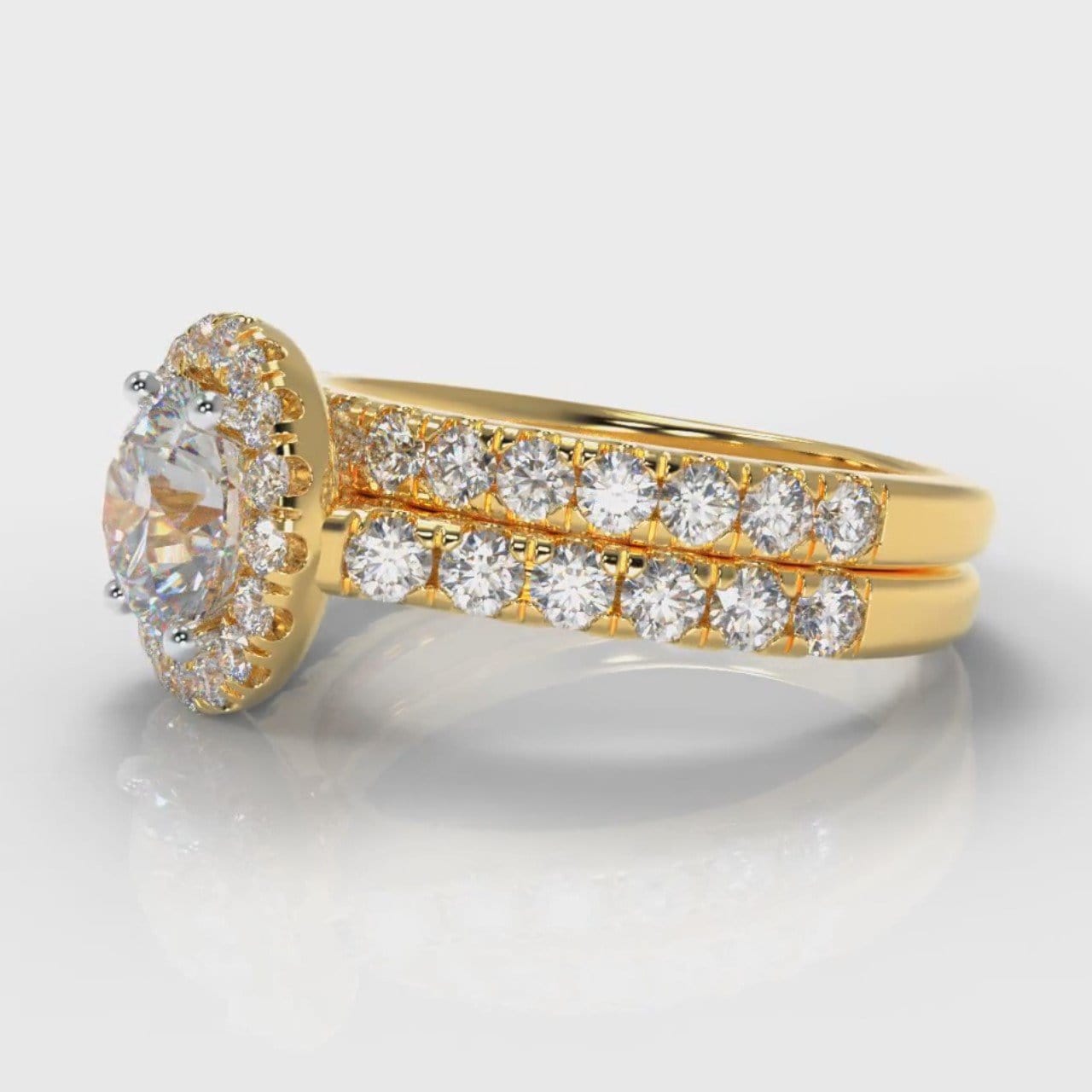Micropavé Round Brilliant Cut Diamond Halo Bridal Set - Yellow Gold