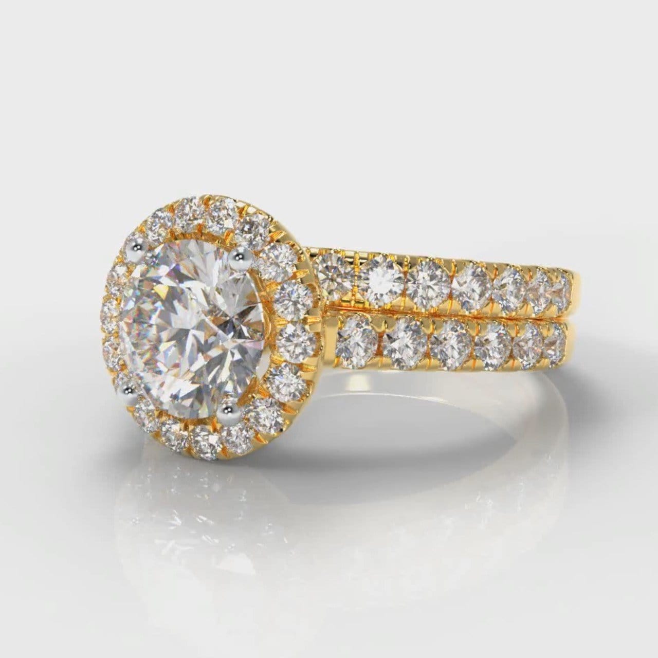 Micropavé Round Brilliant Cut Diamond Halo Bridal Set - Yellow Gold