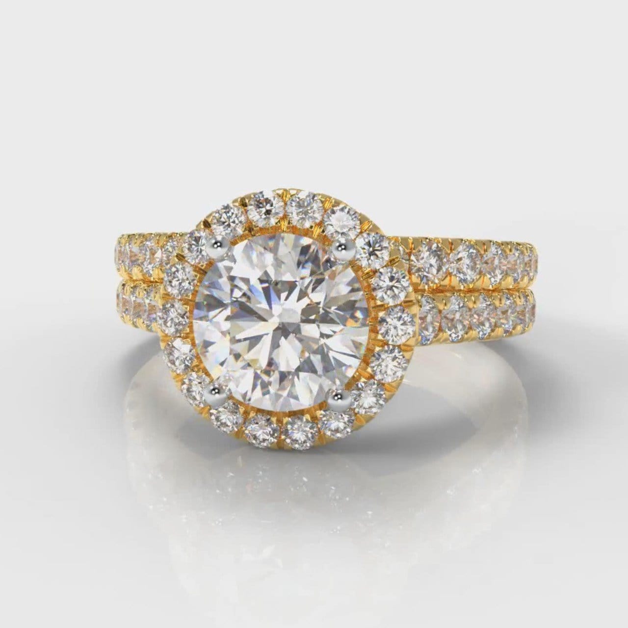 Micropavé Round Brilliant Cut Diamond Halo Bridal Set - Yellow Gold