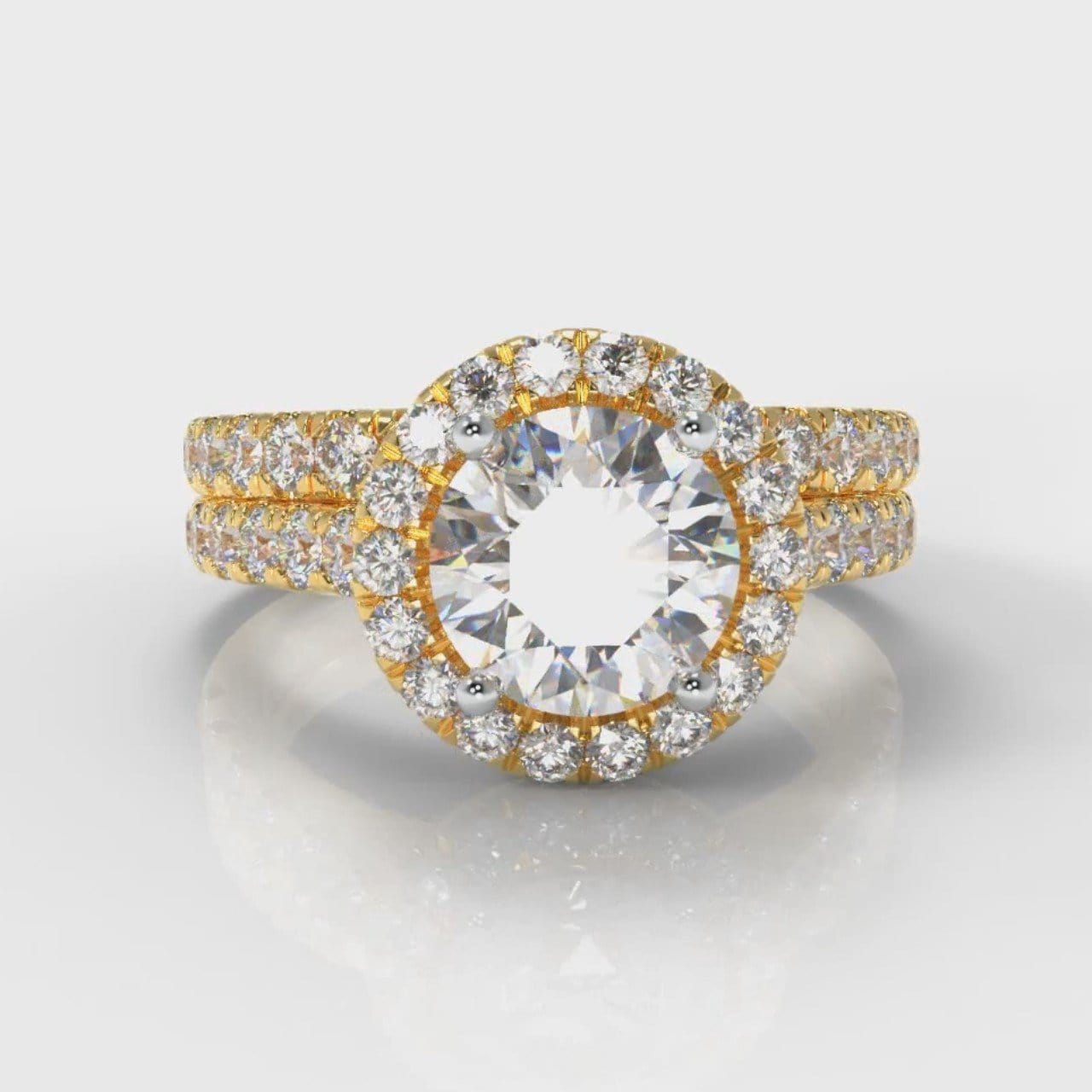 Micropavé Round Brilliant Cut Diamond Halo Bridal Set - Yellow Gold