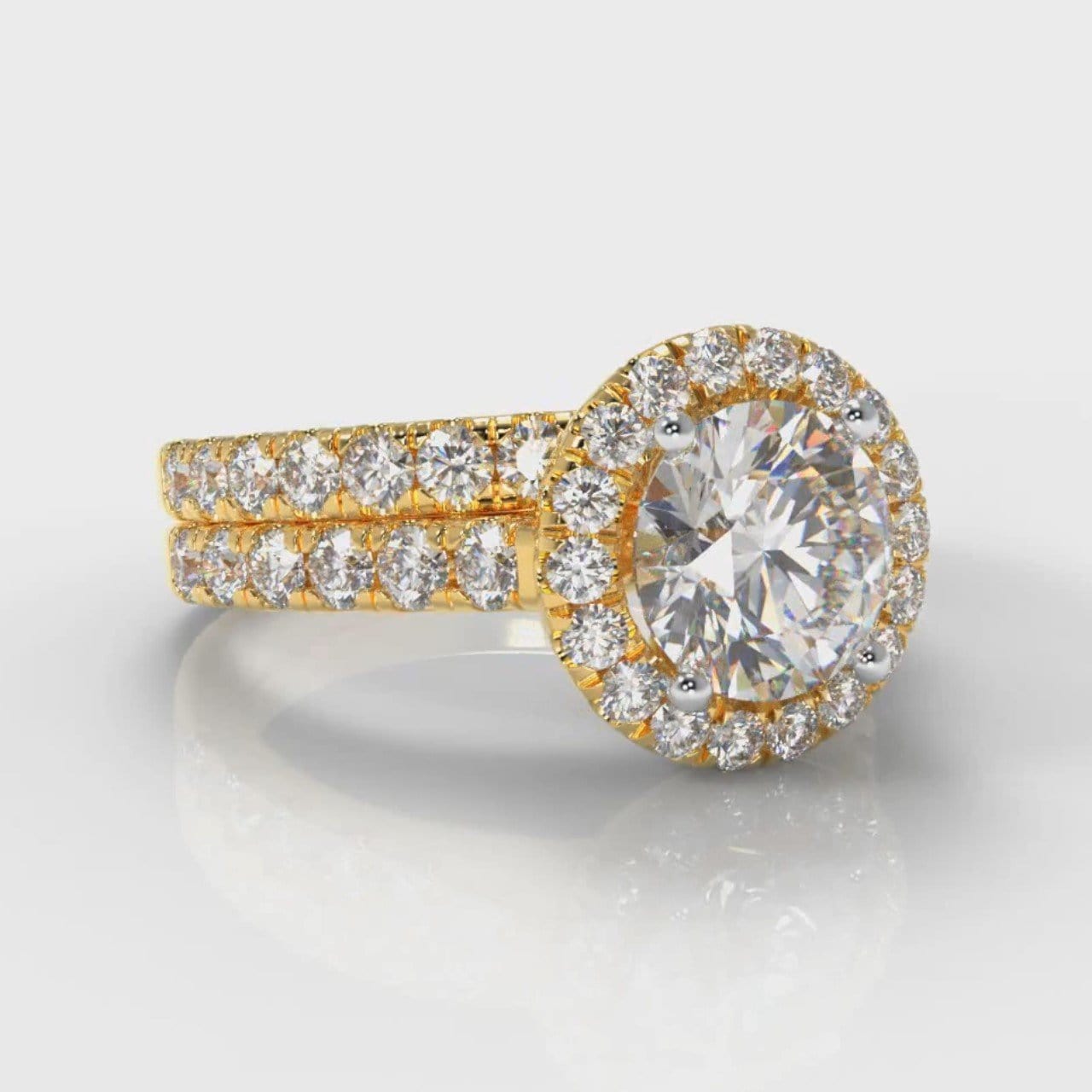 Micropavé Round Brilliant Cut Diamond Halo Bridal Set - Yellow Gold