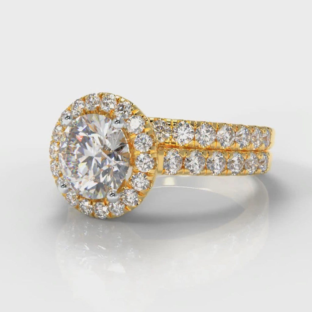 Micropavé Round Brilliant Cut Diamond Halo Bridal Set - Yellow Gold